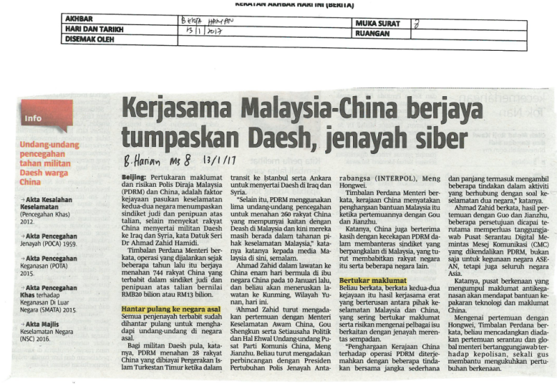 13 jan Kerjasama Malaysia China berjaya tumpaskan Daesh Jenayah siber