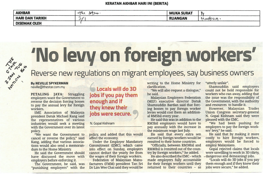 No levy on foreign workers 3 jan
