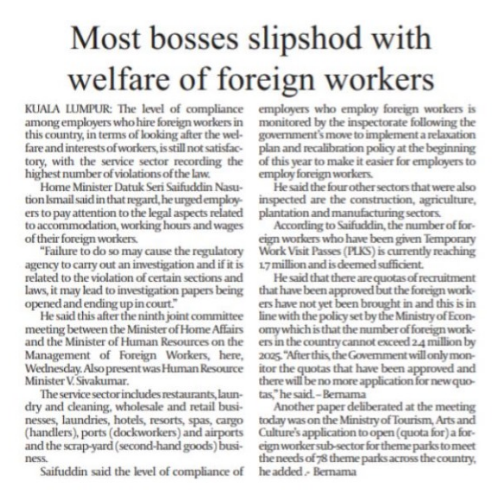 19 OKTOBER MOST BOSSES SLIPSHOD WITH WELFARE OF FOREIGN WORKERS