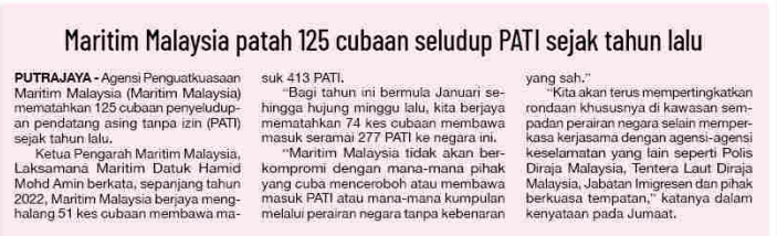 25 NOVEMBER MARITIM MALAYSIA PATAH 125 CUBAAN SELUDUP PATI SEJAK TAHUN LALU 